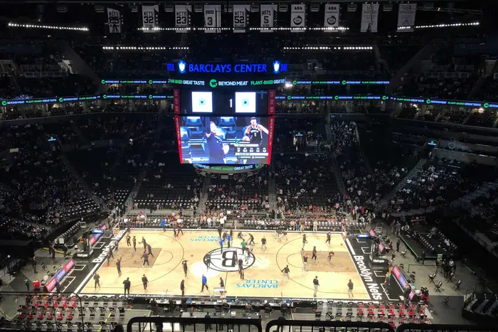 the Barclays Center court, seen from the rafters